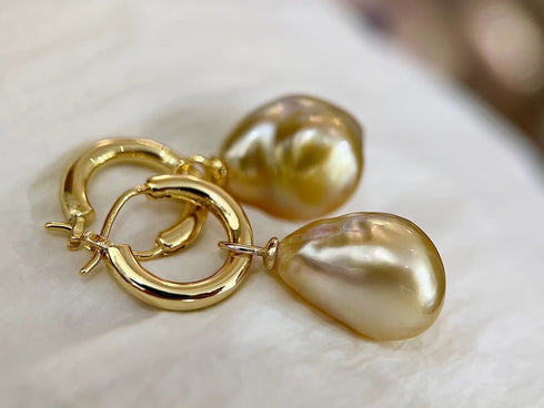 13-14mm Golden South Sea Baroque Pearl Hoop Earrings - Earrings made with hand-selected pearls from House of Pearls