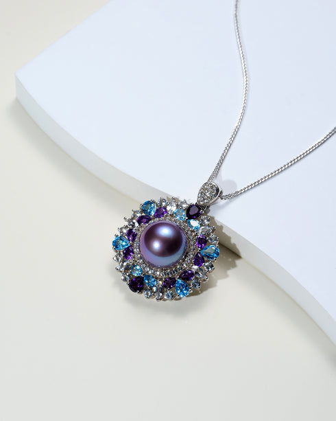 13-14mm Purple Freshwater Pearls & Colorful CZ Halo Pendant Necklace - Necklaces made with hand-selected pearls from House of Pearls