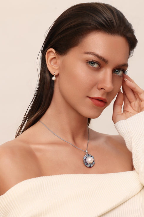 13-14mm Purple Freshwater Pearls & Colorful CZ Halo Pendant Necklace