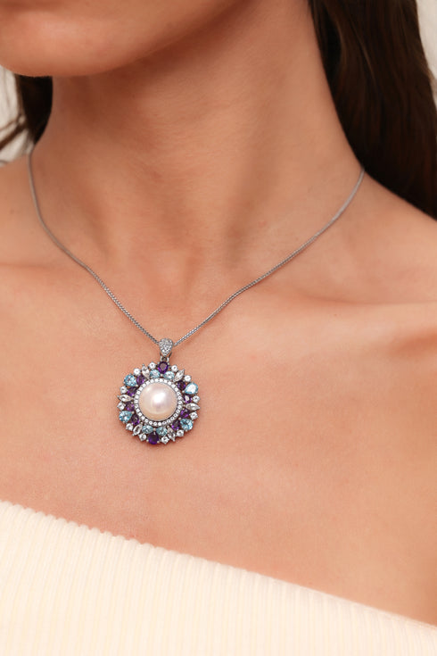 13-14mm Purple Freshwater Pearls & Colorful CZ Halo Pendant Necklace
