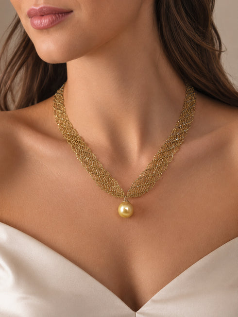 13-14mm South Sea Golden Pearl Lace Necklace, gold-tone lace chain with a single golden pearl pendant