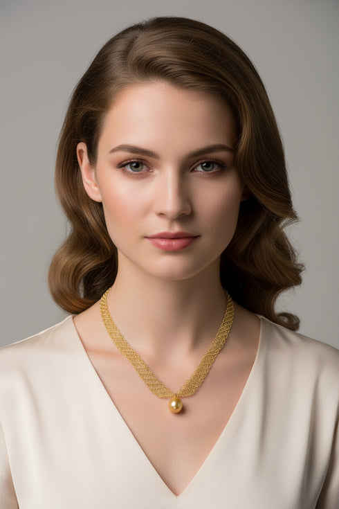 Necklace with a gold-tone lace chain and a single 13-14mm South Sea golden pearl pendant