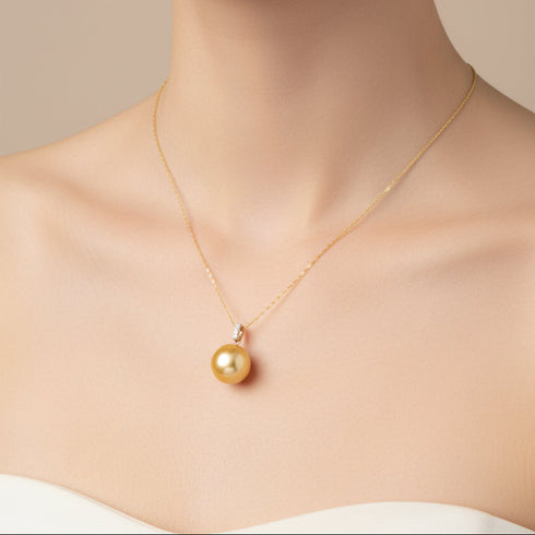 12-13mm Golden South Sea Pearl Triple Accent Pendant Necklace on a delicate gold chain with diamond accent