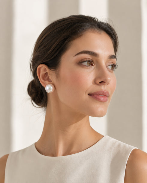Aurora white freshwater pearl stud earrings, 13–14mm, House Of Pearls -JG.