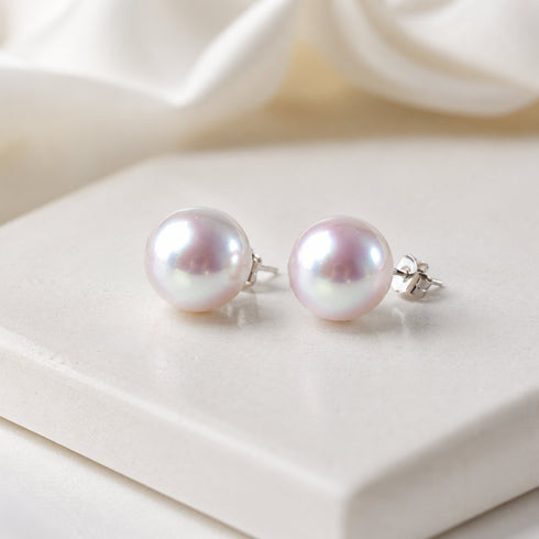 Pearl stud earrings, 13–14mm aurora white freshwater pearls on silver posts, pair