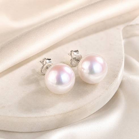 Pearl stud earrings, 13–14mm Aurora White freshwater pearls on silver posts