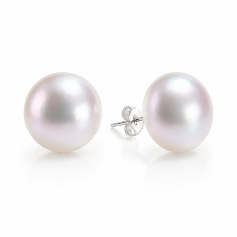 Pearl stud earrings, 13–14mm Aurora White freshwater pearls, by House Of Pearls -JG; pair with silver posts