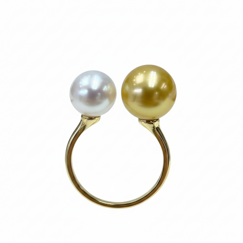 Golden South Sea & Akoya Pearl Double Pearl Open Ring, gold-tone band with white Akoya and golden South Sea pearls.