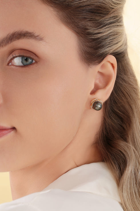 Tahitian South Sea Pearl 9-10mm & CZ Rose Earrings Sterling Silver - House Of Pearls