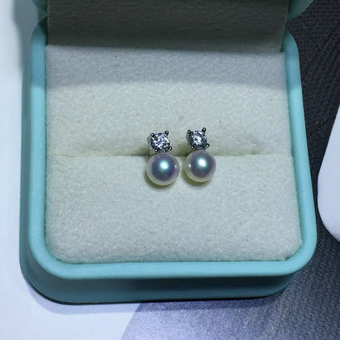 6.5-7mm Aurora White Freshwater Pearl Sasha Stud Earrings 5A High Luster