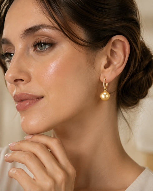 Audrey Earrings: Golden South Sea pearl drop on 18K gold hoops