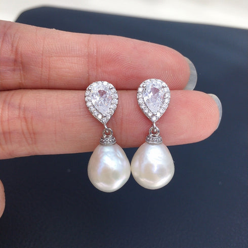 9-11mm Baroque Freshwater Pearl Drop Sparkling Cubic Zirconia Earrings - Earrings made with hand-selected pearls from House of Pearls