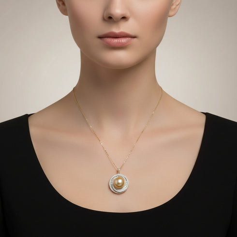 12-13mm Golden South Sea Pearl crystal halo pendant necklace on a delicate gold chain