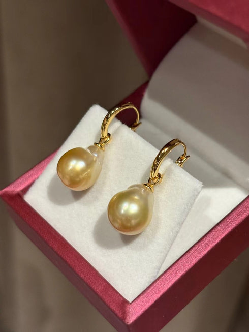 13-14mm Golden South Sea Baroque Pearl Hoop Earrings