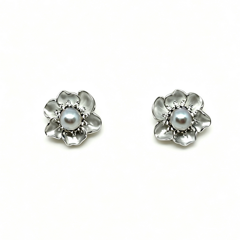 Pair of House Of Pearls 7-8mm Japanese Akoya Anemone earrings with silver petals and blue pearls