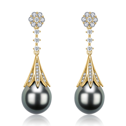 10-11mm Waterdrop Tahitian Pearl & CZ Daisy Earrings