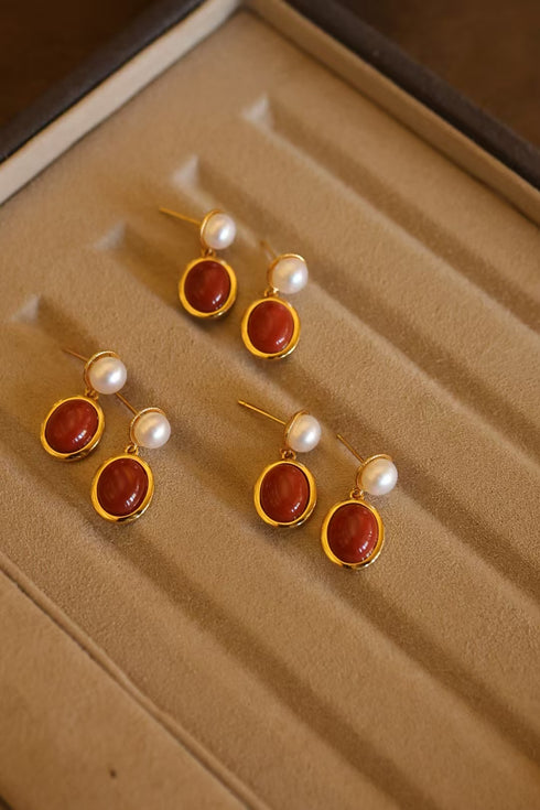 Red Oval Gemstone Pearl Drop Earrings - Earrings made with hand-selected pearls from House of Pearls