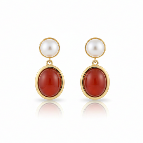 Red Oval Gemstone Pearl Drop Earrings - Earrings made with hand-selected pearls from House of Pearls