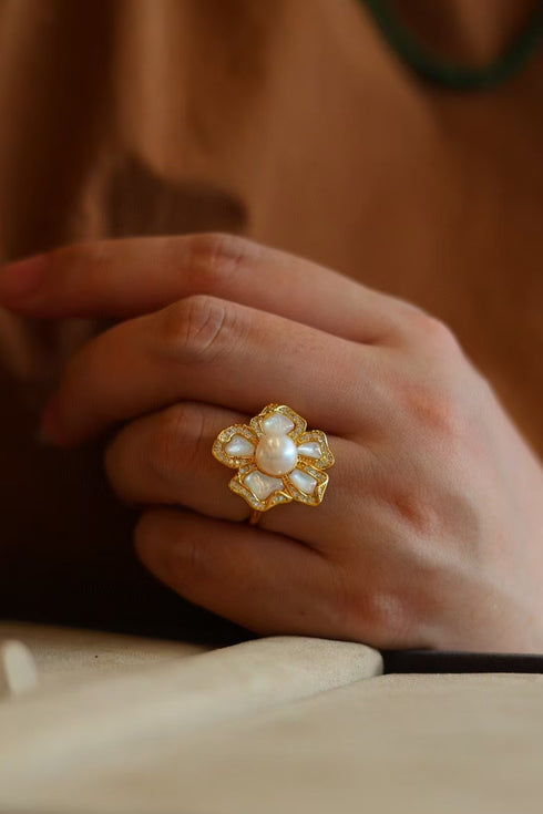 White Shell Flower Pearl Ring - House Of Pearls