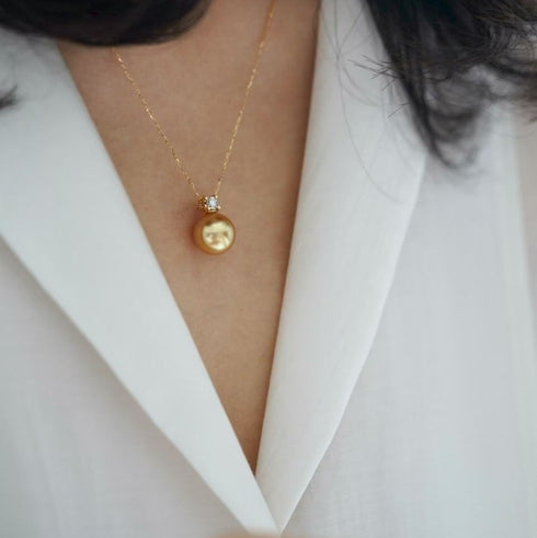 Necklace: 12–13mm Golden South Sea Pearl Fairy Drop pendant on gold chain with diamond accent — House Of Pearls - JG