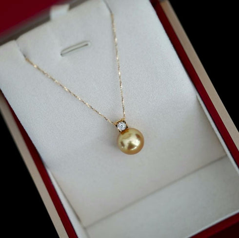 Pearl pendant necklace with 12–13mm Golden South Sea pearl and diamond accent on a gold chain by House Of Pearls
