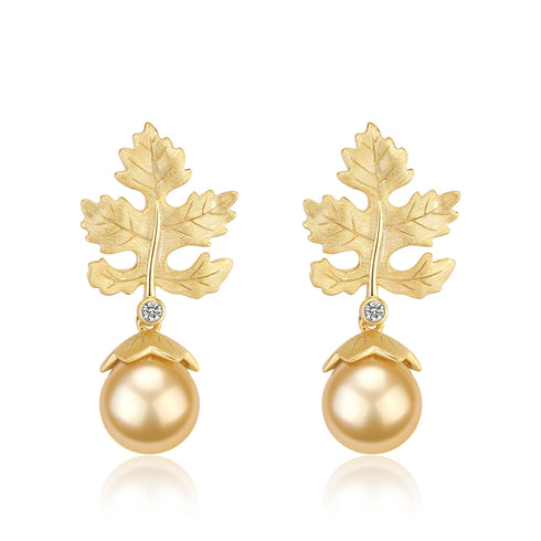 10-11mm Golden South Sea Baroque Pearl & Maple Leaf Earrings - House Of Pearls