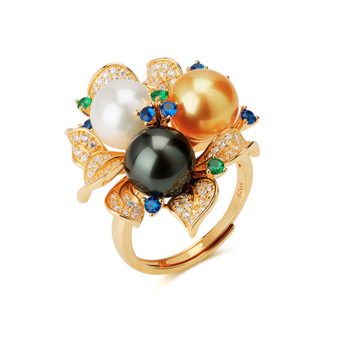 Three Color Pearl Floral Ring - House Of Pearls