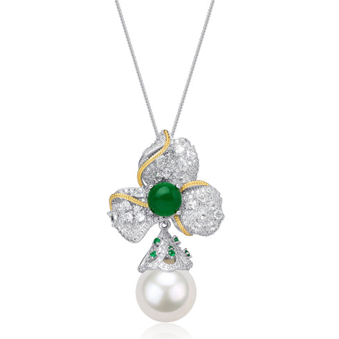 Green Gem Zirconia Floral Peal Pendant - House Of Pearls