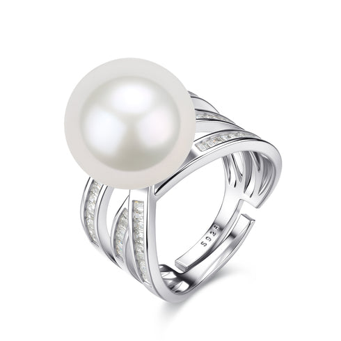Ring with 13-14mm white South Sea pearl on a silver wave band adorned with pavé diamonds