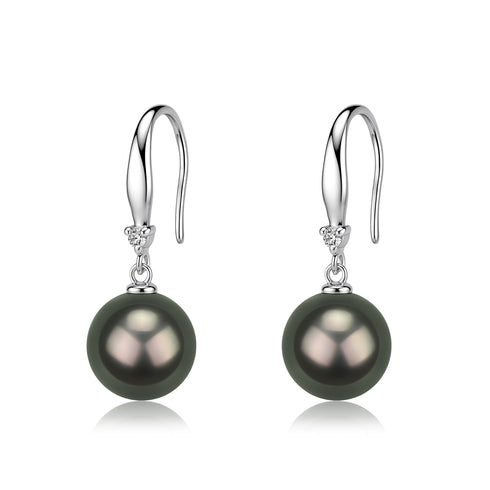 Pair of Tahitian black pearl drop earrings, 11–12mm, on 18K white gold hooks with diamond accents; House Of Pearls XM