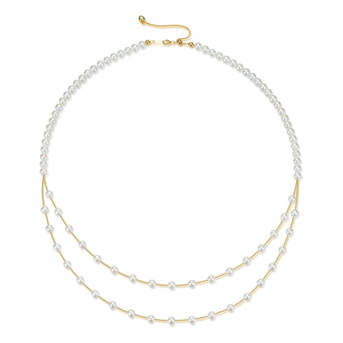 Necklace: House of Pearls-JT freshwater pearl double-layer cascade, 5–6mm white pearls with gold chain accents.