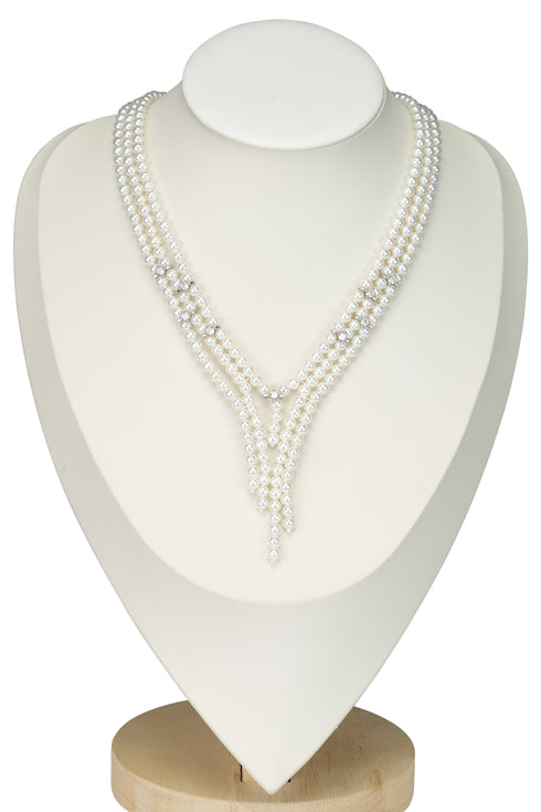 V-Shaped Aurora Pearl Sweater Necklace, ivory pearl strands with crystal accents, House Of Pearls - TA