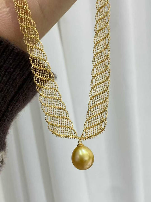 Necklace: 13–14mm South Sea golden pearl lace on a gold mesh chain by House of Pearls - MZ