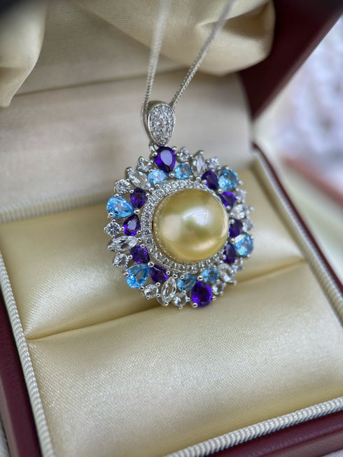 13-14mm Golden South Sea Pearl Radiant Halo Pendant Necklace