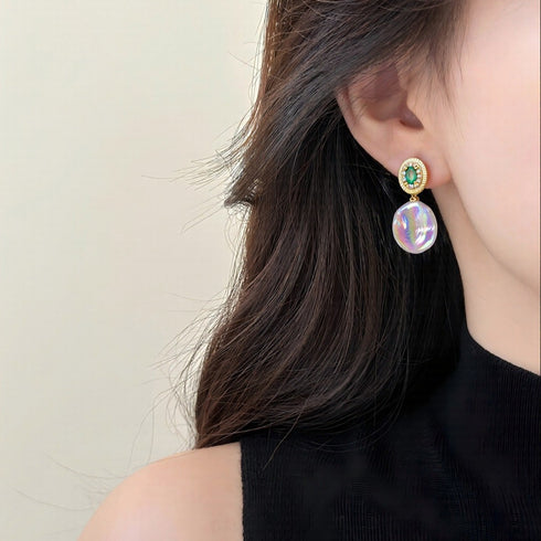 Coin Baroque Iridescent Freshwater Pearl Drop Emerald Accent Earrings with gold-tone stud