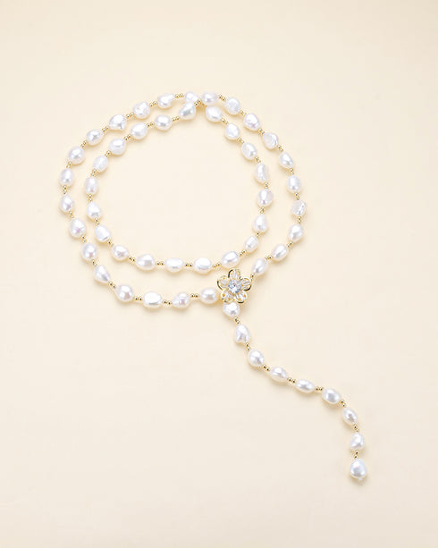 Necklace: 2-strand, 26-inch adjustable baroque pearl and gold bead design with floral clasp