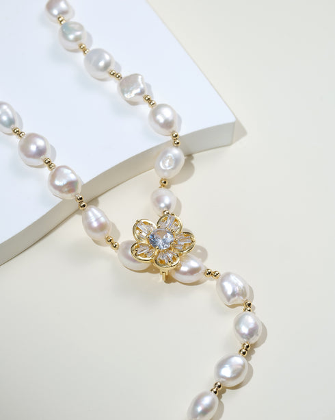 26-inch adjustable baroque pearl and gold bead necklace with crystal flower clasp