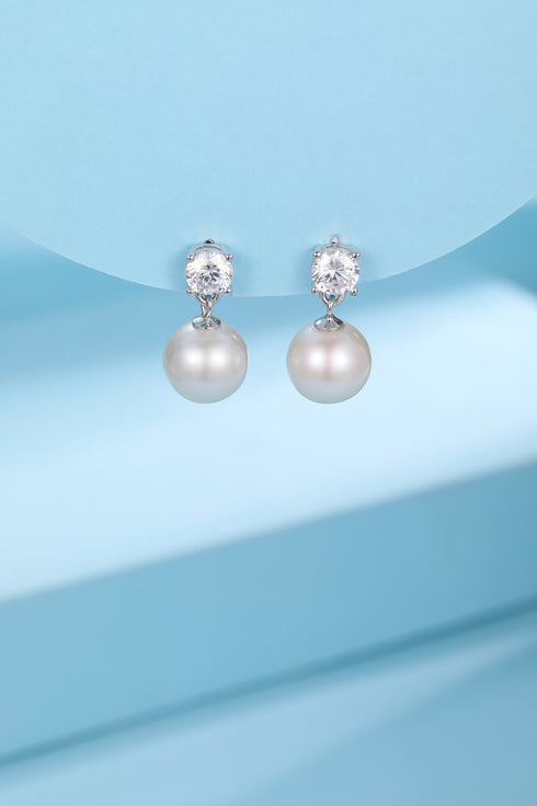 Sasha Drop Earrings pair by House of Pearls with 9–10mm freshwater pearl drops and large zircon studs on 925 silver