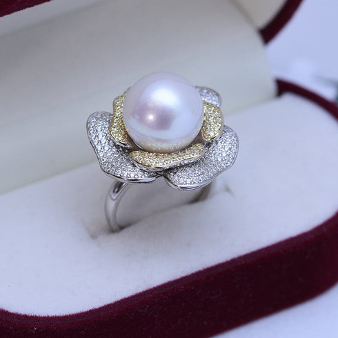12–13mm Freshwater Pearl & Rose-Inspired CZ Statement Ring - Rings made with hand-selected pearls from House of Pearls