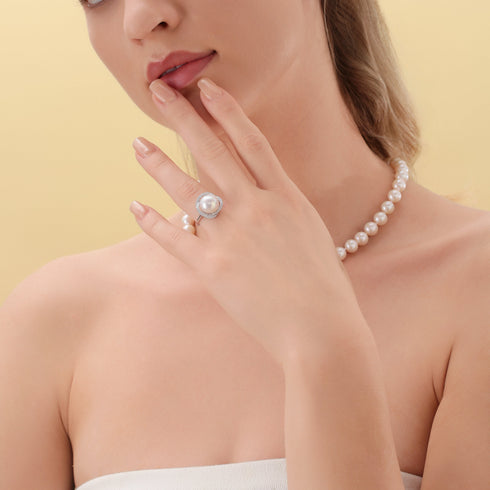 11-12mm Freshwater Pearl & Rose Ring with halo setting