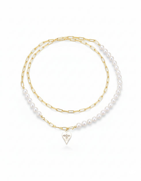 28-Inch Freshwater Pearl & Chain Necklace with Gold Heart Bee Pendant - Necklaces made with hand-selected pearls from House of Pearls