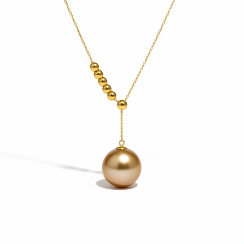 10-11mm Golden South Sea Pearl Y Necklace with a gold-tone chain and large pendant pearl