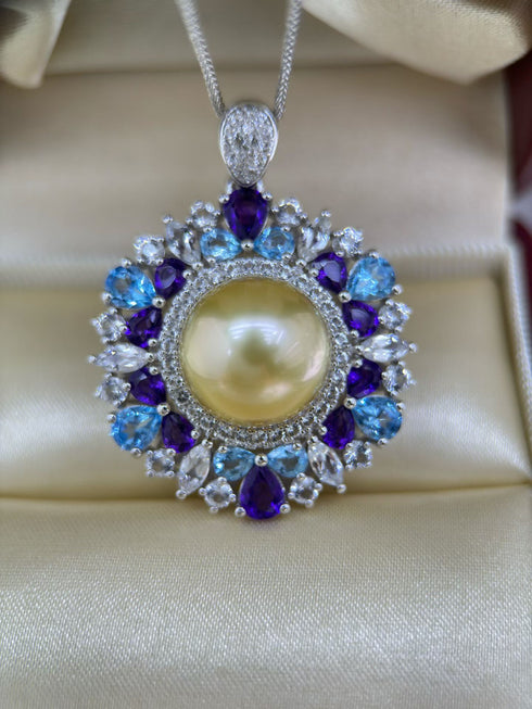 13-14mm Golden South Sea Pearl Radiant Halo Pendant Necklace
