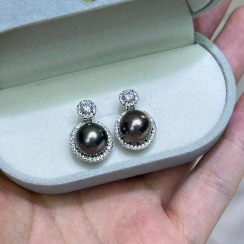 9-10mm Tahitian Pearl & Eline CZ Earrings - House Of Pearls