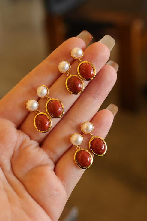 Red Oval Gemstone Pearl Drop Earrings