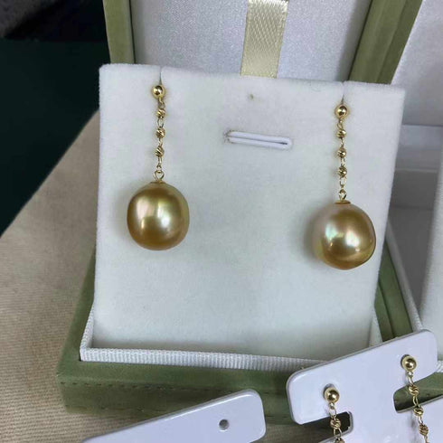 11-12mm 18K Gold Golden South Sea Pearl & Opaline Earrings - House Of Pearls