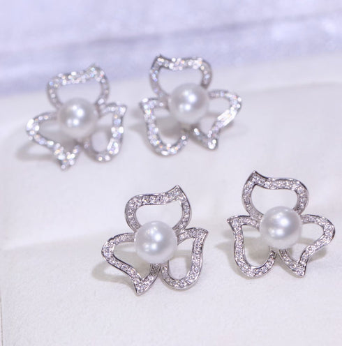 Aurora White freshwater pearl floral stud earrings; set of 3 with crystal-paved silver-tone petals and white pearls