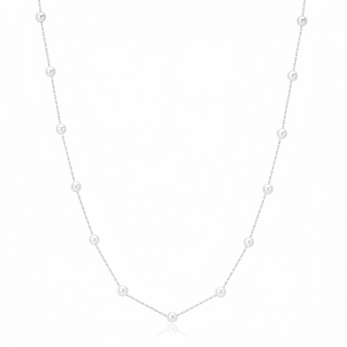 3-4mm freshwater pearl tincup necklace, delicate chain with white pearls, 18K gold