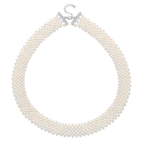 3-4mm white freshwater pearl multi-layered necklace with crystal-embellished bar clasp
