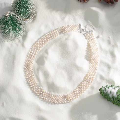 3-4mm White Freshwater Pearl Multi-Layered Necklace with three strands